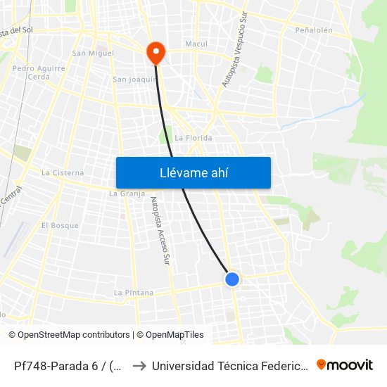 Pf748-Parada 6 / (M) Hospital Sótero Del Río to Universidad Técnica Federico Santa María, Campus San Joaquín map