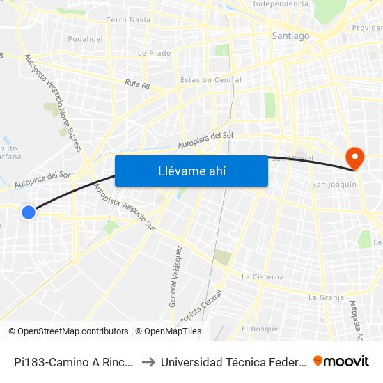 Pi183-Camino A Rinconada / Esq. Avenida 3 Poniente to Universidad Técnica Federico Santa María, Campus San Joaquín map