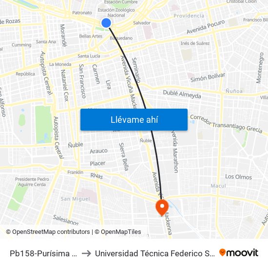 Pb158-Purísima / Esq. Av. Bellavista to Universidad Técnica Federico Santa María, Campus San Joaquín map