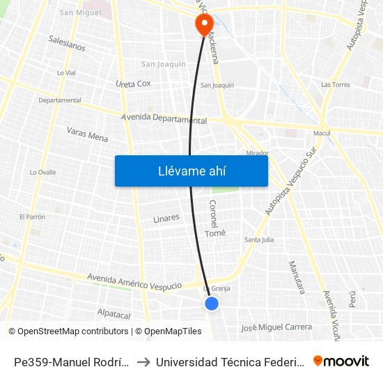 Pe359-Manuel Rodríguez / Esq. Robinson Crusoe to Universidad Técnica Federico Santa María, Campus San Joaquín map