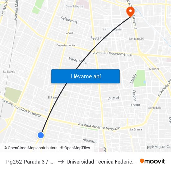 Pg252-Parada 3 / Paradero 28 Gran Avenida to Universidad Técnica Federico Santa María, Campus San Joaquín map