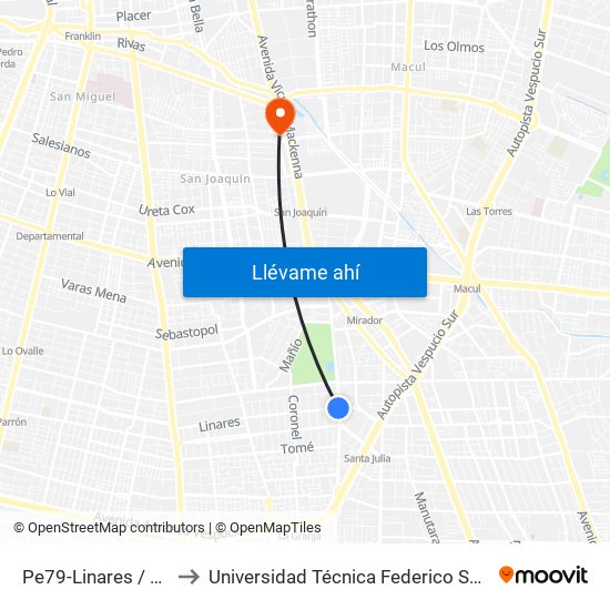 Pe79-Linares / Esq. Punta Arenas to Universidad Técnica Federico Santa María, Campus San Joaquín map