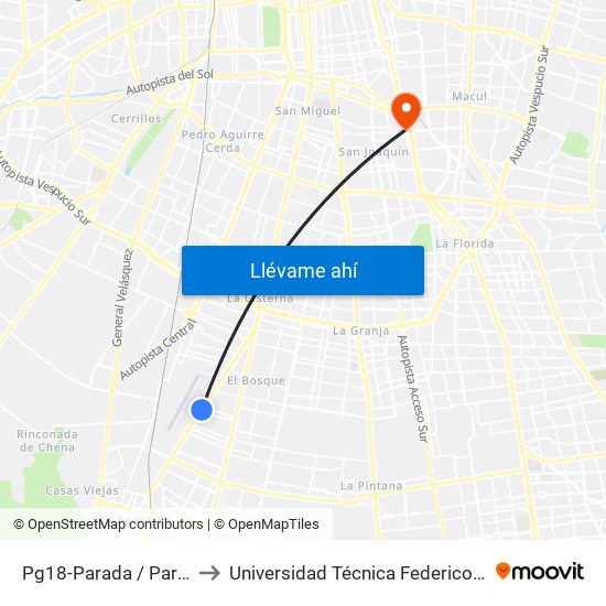 Pg18-Parada / Paradero 35 Gran Avenida to Universidad Técnica Federico Santa María, Campus San Joaquín map