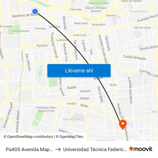 Pa405-Avenida Mapocho / Esq. General Bulnes to Universidad Técnica Federico Santa María, Campus San Joaquín map