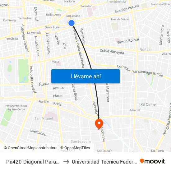 Pa420-Diagonal Paraguay / Esq. Av.Vicuña Mackenna to Universidad Técnica Federico Santa María, Campus San Joaquín map