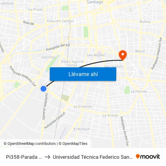 Pi358-Parada / Lider - Oeste to Universidad Técnica Federico Santa María, Campus San Joaquín map