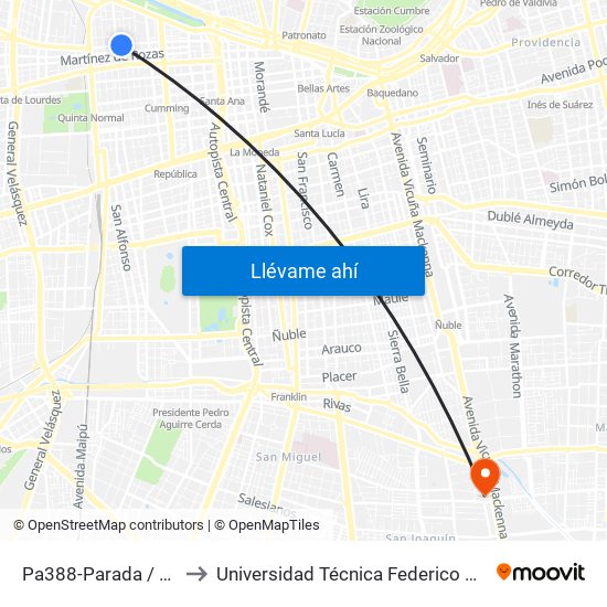 Pa388-Parada / Población Mapocho to Universidad Técnica Federico Santa María, Campus San Joaquín map