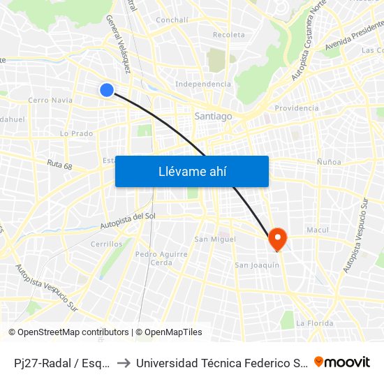 Pj27-Radal / Esq. Salvador Gutiérrez to Universidad Técnica Federico Santa María, Campus San Joaquín map