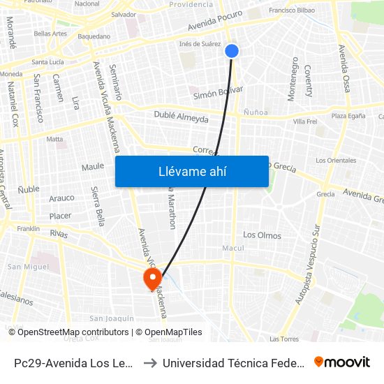 Pc29-Avenida Los Leones / Esq. Av. Diego De Almagro to Universidad Técnica Federico Santa María, Campus San Joaquín map