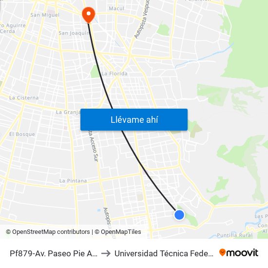 Pf879-Av. Paseo Pie Andino / Esq. Av. Eduardo Cordero to Universidad Técnica Federico Santa María, Campus San Joaquín map