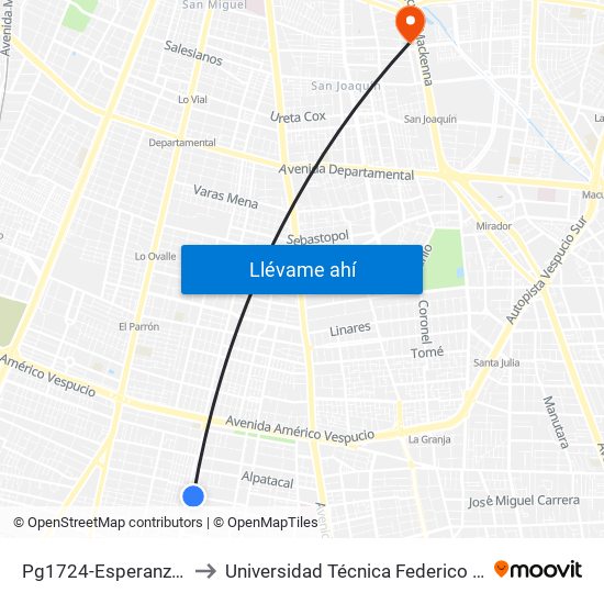 Pg1724-Esperanza / Esq. San Francisco to Universidad Técnica Federico Santa María, Campus San Joaquín map