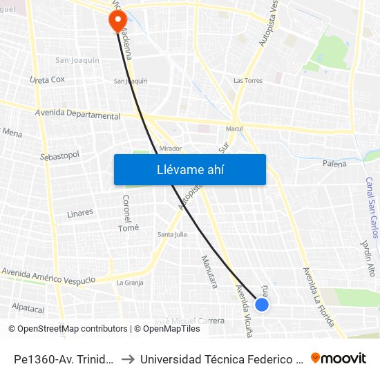 Pe1360-Av. Trinidad Oriente / Esq. Perú to Universidad Técnica Federico Santa María, Campus San Joaquín map