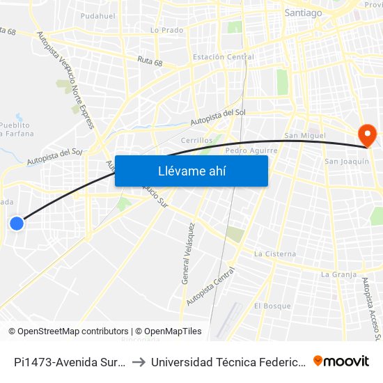 Pi1473-Avenida Sur / Esq. Avenida 4 Poniente to Universidad Técnica Federico Santa María, Campus San Joaquín map