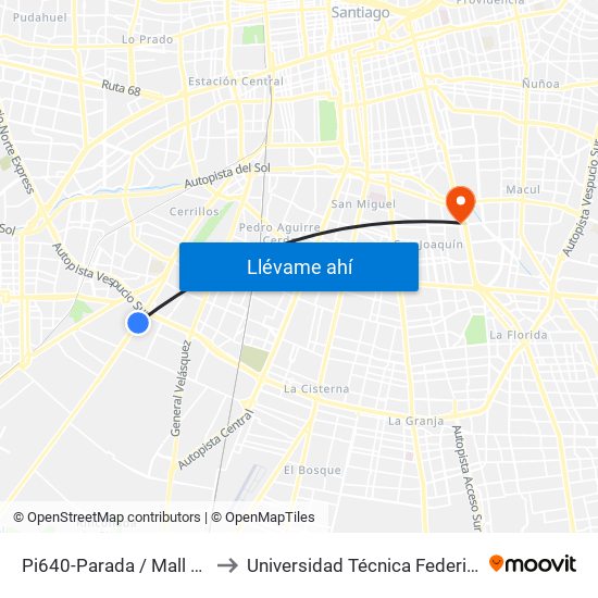 Pi640-Parada / Mall Plaza Oeste - Camino Lonquén to Universidad Técnica Federico Santa María, Campus San Joaquín map