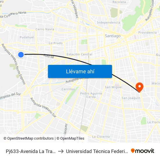 Pj633-Avenida La Travesía / Esq. Diagonal Travesía to Universidad Técnica Federico Santa María, Campus San Joaquín map