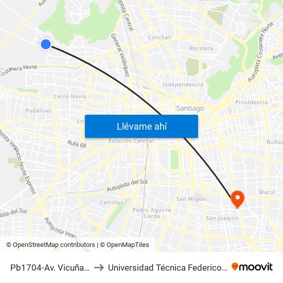 Pb1704-Av. Vicuña Mackenna / Esq. Brasil to Universidad Técnica Federico Santa María, Campus San Joaquín map