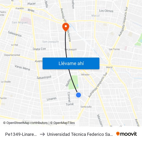 Pe1349-Linares / Esq. Calbuco to Universidad Técnica Federico Santa María, Campus San Joaquín map