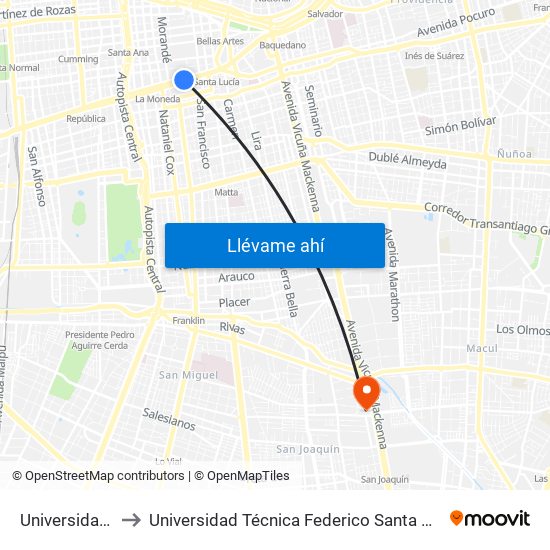 Universidad De Chile to Universidad Técnica Federico Santa María, Campus San Joaquín map