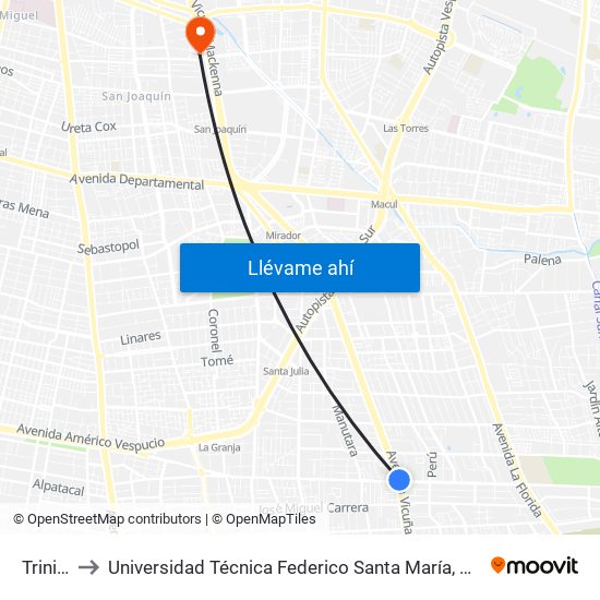 Trinidad to Universidad Técnica Federico Santa María, Campus San Joaquín map
