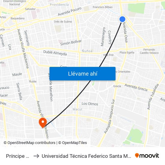 Príncipe De Gales to Universidad Técnica Federico Santa María, Campus San Joaquín map