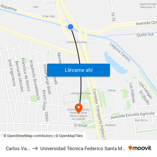 Carlos Valdovinos to Universidad Técnica Federico Santa María, Campus San Joaquín map