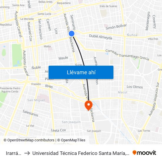 Irarrázaval to Universidad Técnica Federico Santa María, Campus San Joaquín map