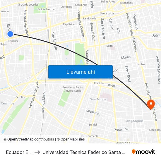 Ecuador Esq. Radal to Universidad Técnica Federico Santa María, Campus San Joaquín map