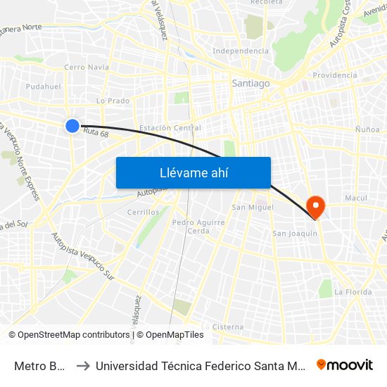 Metro Barrancas to Universidad Técnica Federico Santa María, Campus San Joaquín map