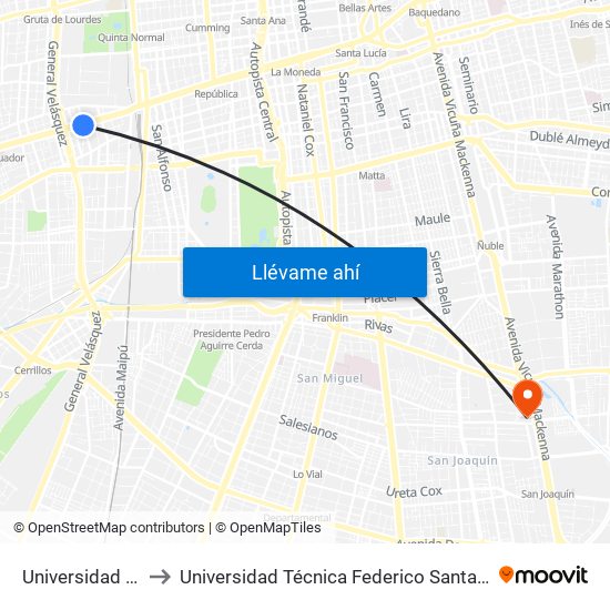 Universidad De Santiago to Universidad Técnica Federico Santa María, Campus San Joaquín map