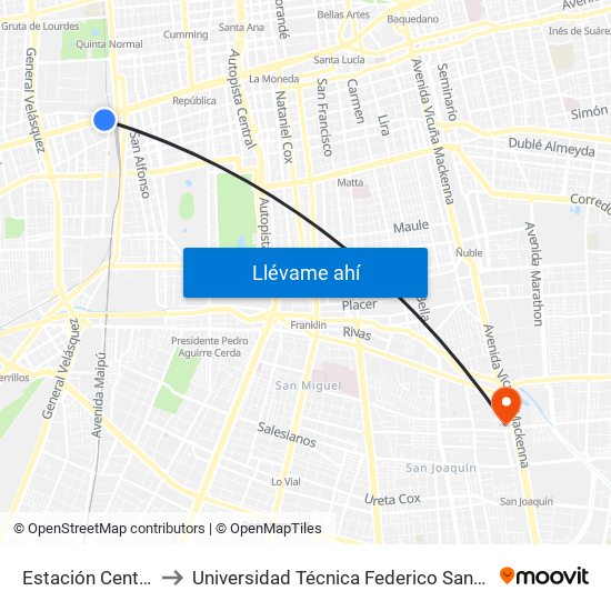 Estación Central / San Borja to Universidad Técnica Federico Santa María, Campus San Joaquín map