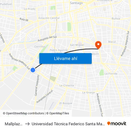 Mallplaza Oeste to Universidad Técnica Federico Santa María, Campus San Joaquín map
