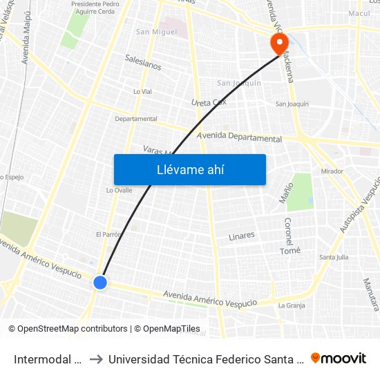 Intermodal La Cisterna to Universidad Técnica Federico Santa María, Campus San Joaquín map