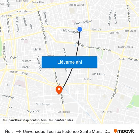 Ñuñoa to Universidad Técnica Federico Santa María, Campus San Joaquín map