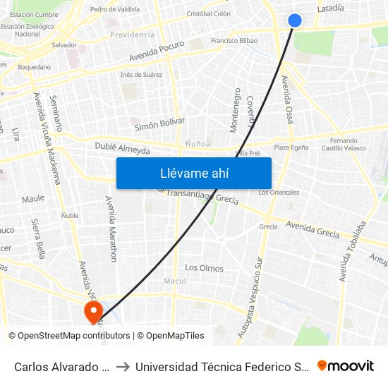 Carlos Alvarado / Sebastián Elcano to Universidad Técnica Federico Santa María, Campus San Joaquín map