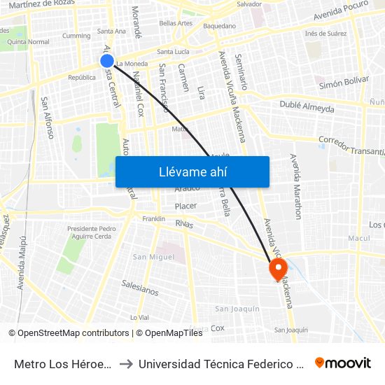 Metro Los Héroes (Plazoleta Central) to Universidad Técnica Federico Santa María, Campus San Joaquín map