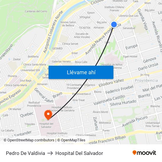 Pedro De Valdivia to Hospital Del Salvador map