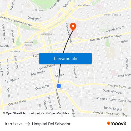 Irarrázaval to Hospital Del Salvador map