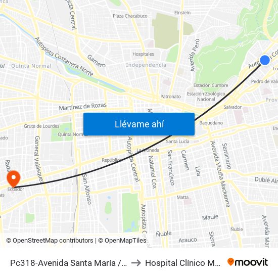 Pc318-Avenida Santa María / Esq. Av. Pedro De Valdivia to Hospital Clínico Mutual De Seguridad map