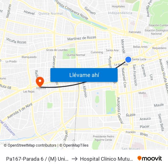 Pa167-Parada 6 / (M) Universidad De Chile to Hospital Clínico Mutual De Seguridad map
