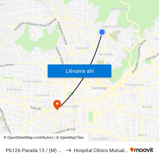 Pb126-Parada 13 / (M) Vespucio Norte to Hospital Clínico Mutual De Seguridad map