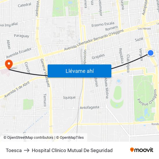 Toesca to Hospital Clínico Mutual De Seguridad map