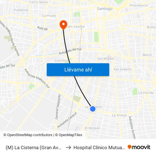 (M) La Cisterna (Gran Avenida, Parad. 25) to Hospital Clínico Mutual De Seguridad map