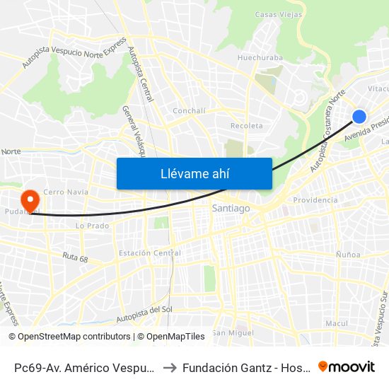 Pc69-Av. Américo Vespucio / Esq. Avenida Vitacura to Fundación Gantz - Hospital Del Niño Con Fisura map
