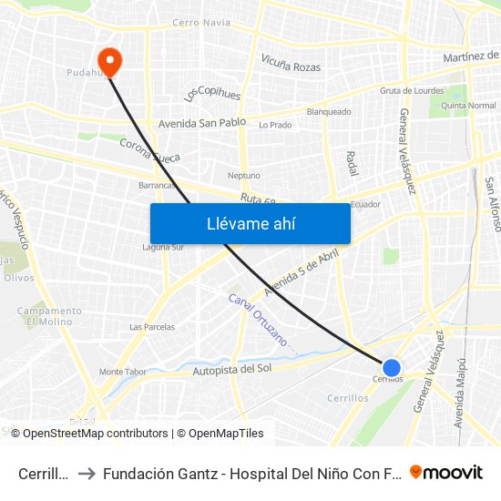 Cerrillos to Fundación Gantz - Hospital Del Niño Con Fisura map