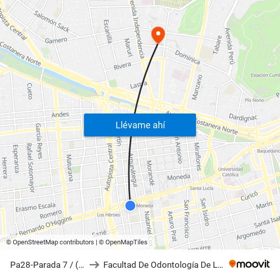 Pa28-Parada 7 / (M) La Moneda to Facultad De Odontología De La Universidad De Chile map