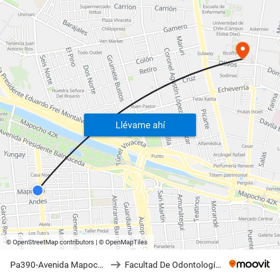 Pa390-Avenida Mapocho / Esq. Ricardo Cumming to Facultad De Odontología De La Universidad De Chile map