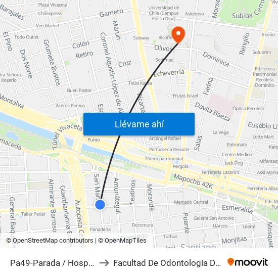 Pa49-Parada / Hospital Traumatológico to Facultad De Odontología De La Universidad De Chile map