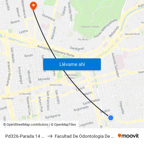 Pd326-Parada 14 / (M) Irarrázaval to Facultad De Odontología De La Universidad De Chile map