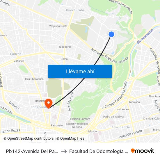 Pb142-Avenida Del Parque / Esq. Los Jardines to Facultad De Odontología De La Universidad De Chile map