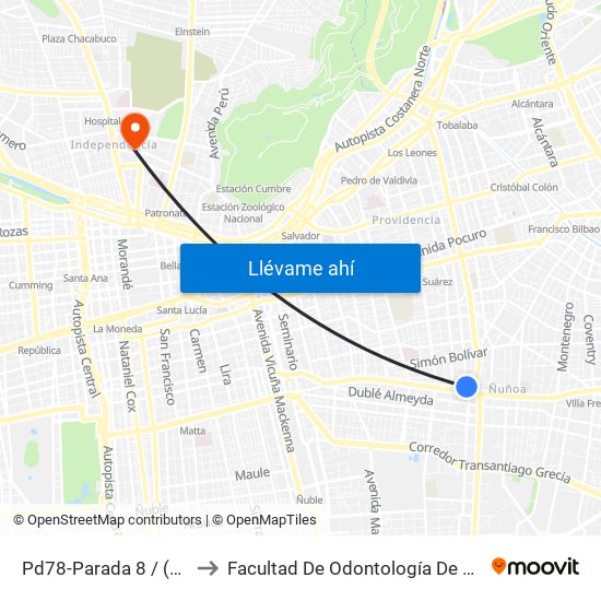 Pd78-Parada 8 / (M) Chile España to Facultad De Odontología De La Universidad De Chile map